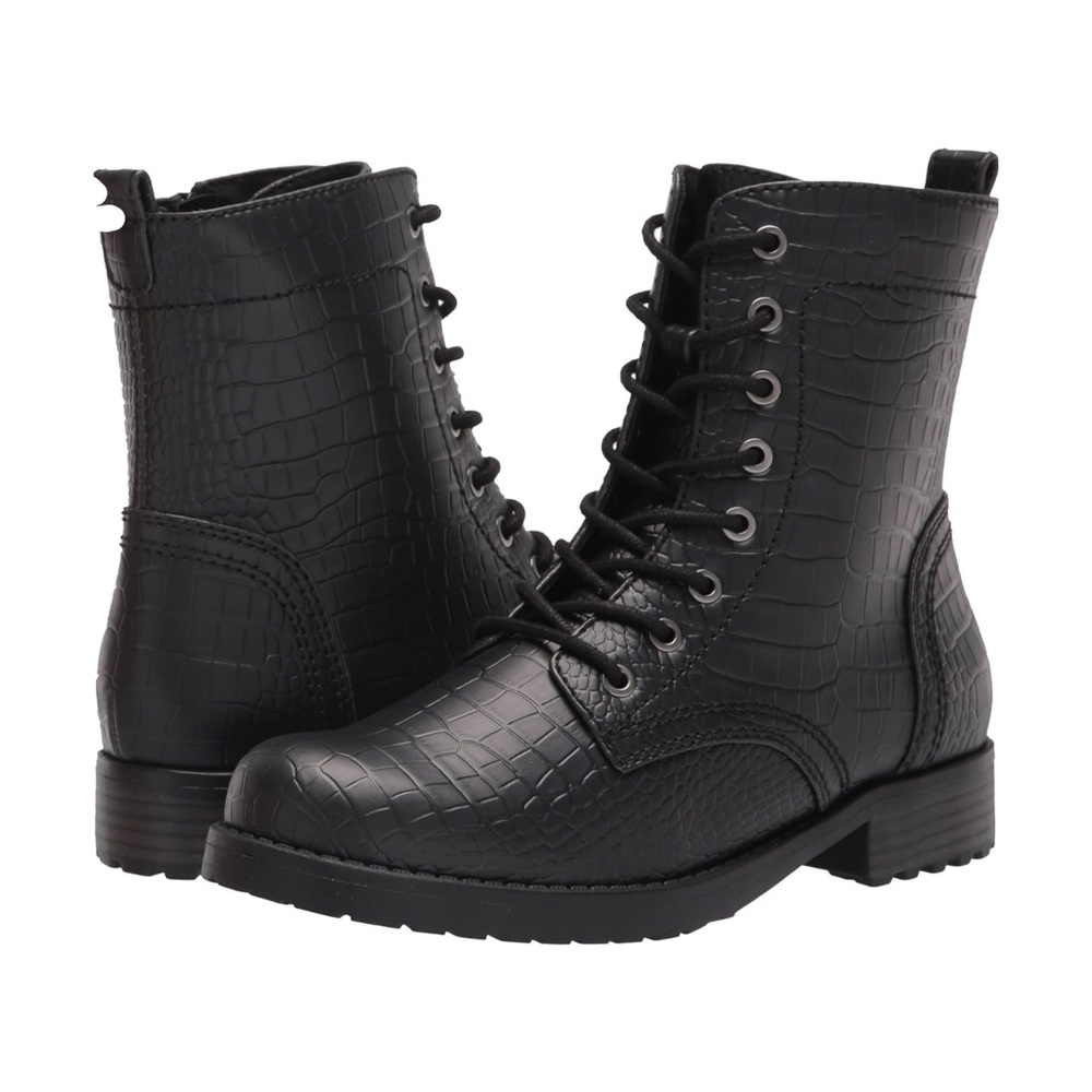 Black Crocodile Print Lace Up Combat Boots